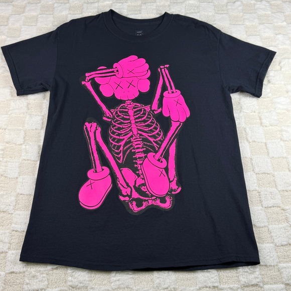 KAWS New Fiction Pink Skeleton Graphic Black Cotton Short Sleeve T-Shirt - Picture 1 of 9